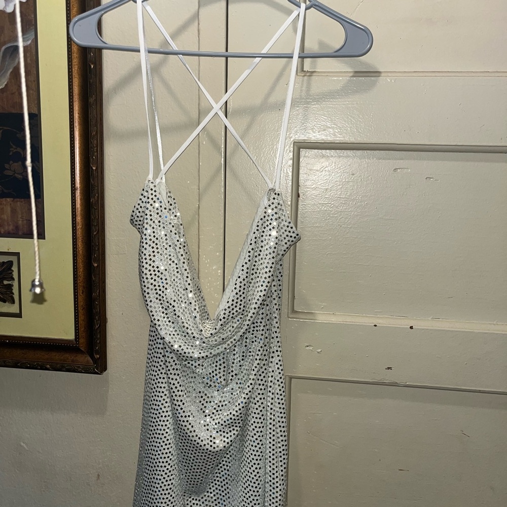 Divided White and Silver Polka Dot Backless Dress